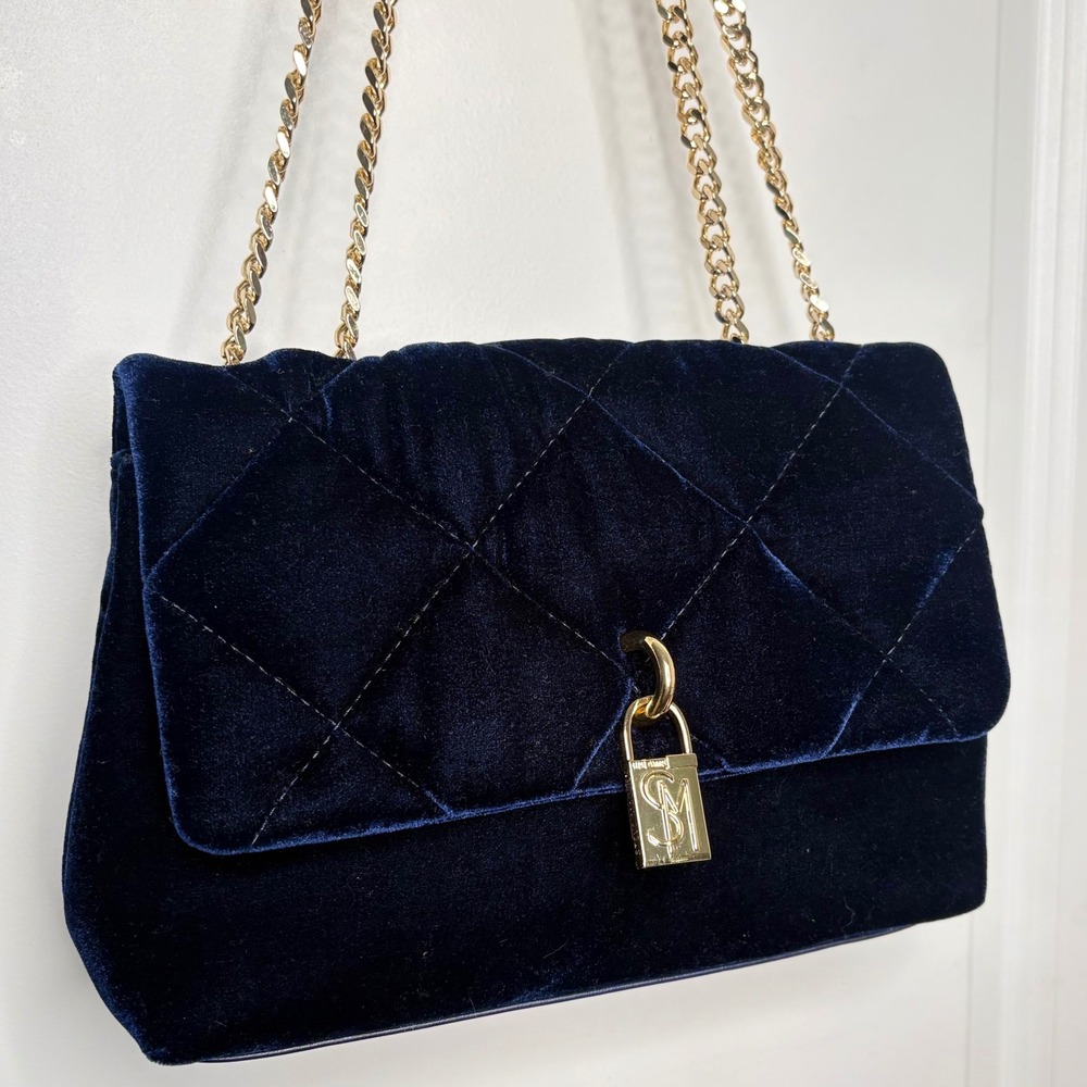 Steve Madden Midnight Navy Blue Velvet Quilted Shoulder Bag Gold Chain Link